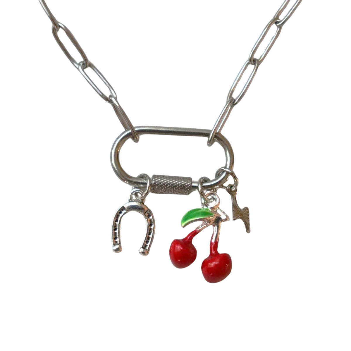 Silver Cherry Horseshoe Charm Necklace