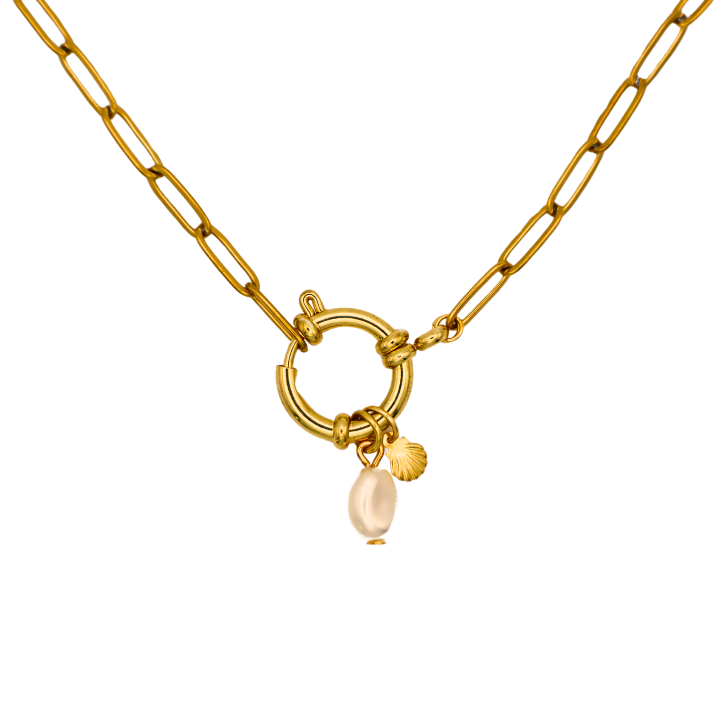 Pearl & Shell Sailor Clasp Necklace | 18K Gold Plated