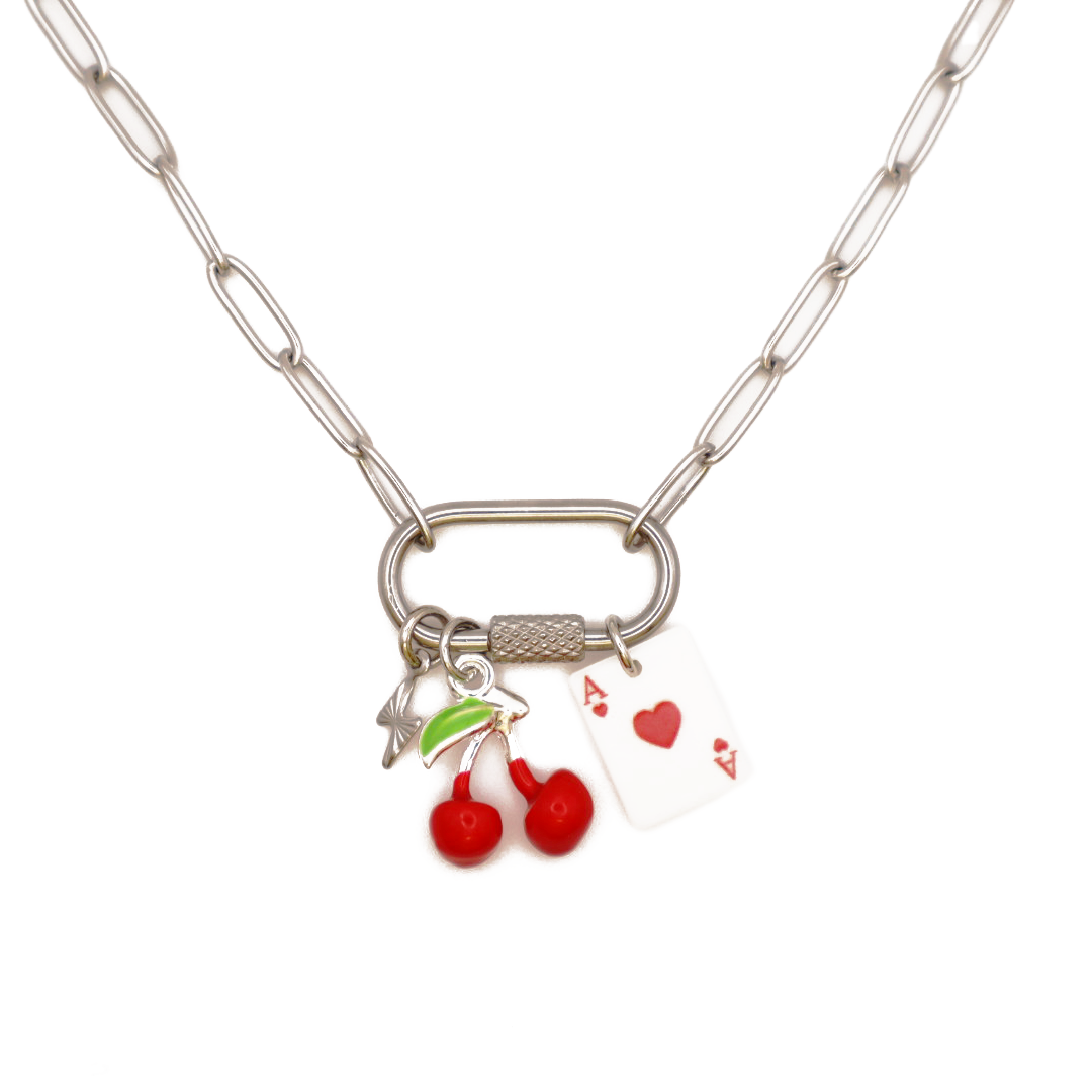 Silver Cherry, Card, Lightning Charm Necklace