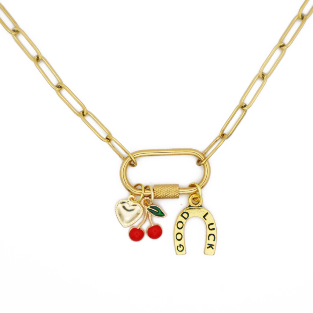 Horseshoe, Cherry, and Heart Charm Necklace
