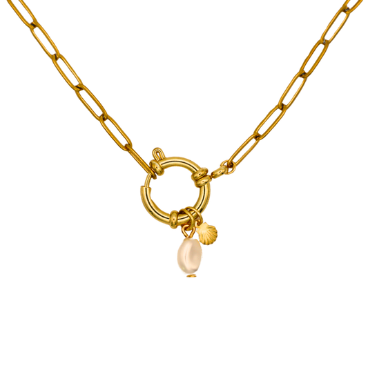 Pearl & Shell Sailor Clasp Necklace | 18K Gold Plated