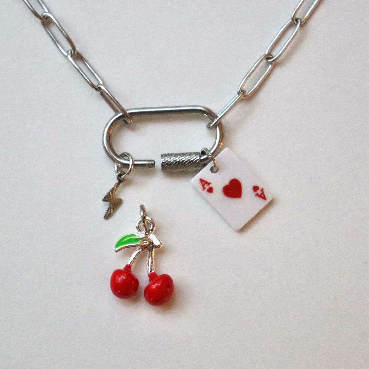 Silver Cherry, Card, Lightning Charm Necklace