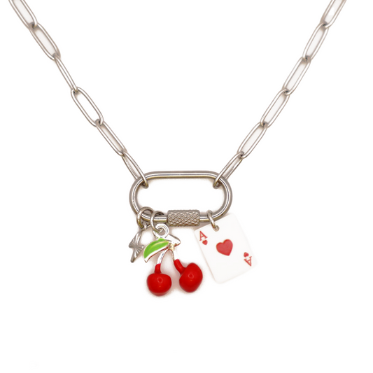 Silver Cherry, Card, Lightning Charm Necklace