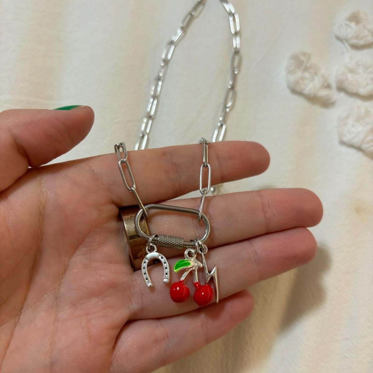 Silver Cherry Horseshoe Charm Necklace